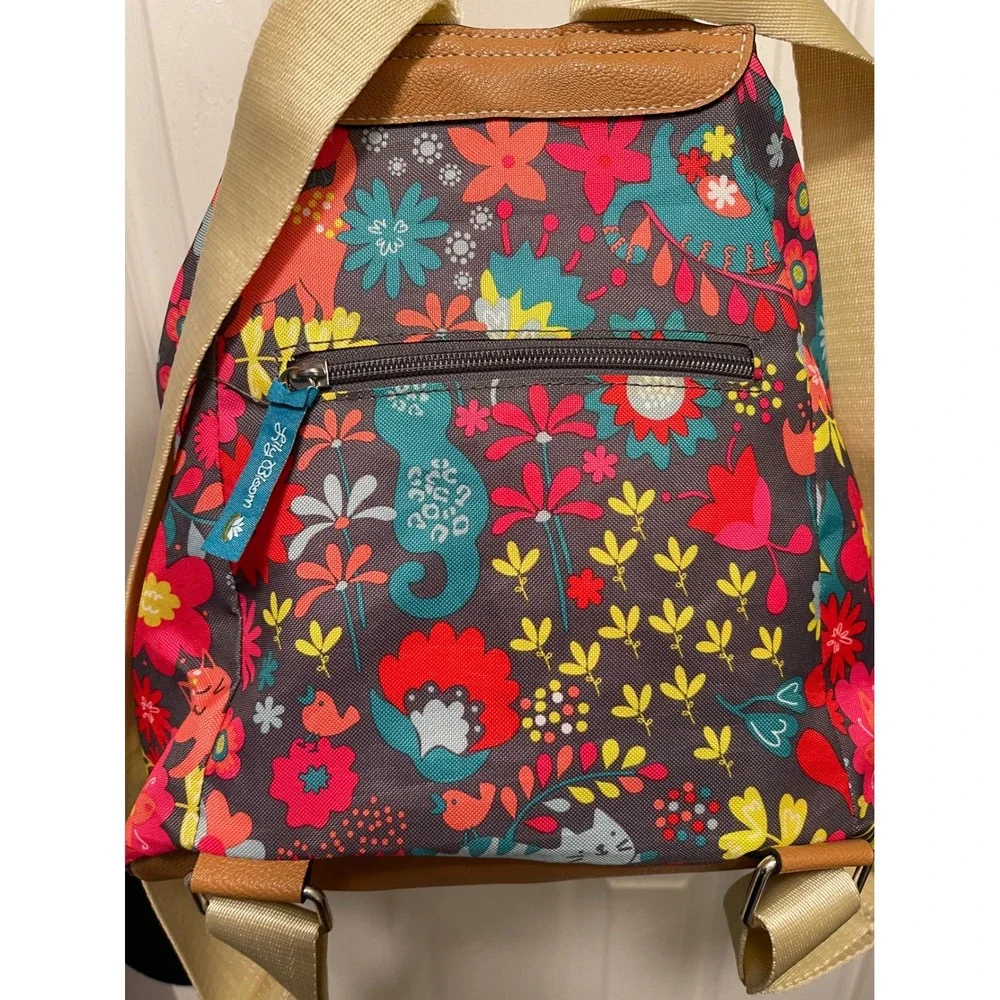 Lily Bloom Floral Cat Print Backpack Multi Color Recycled Fabric Drawstring Bag